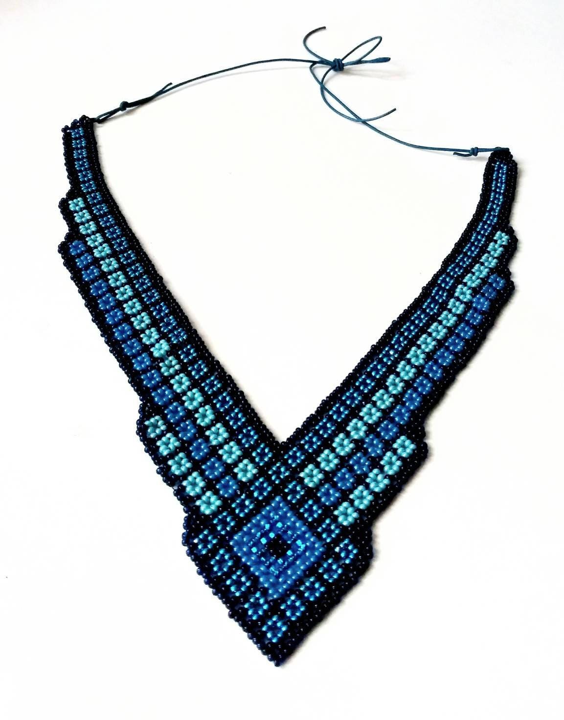 V-Halskette Huichol Halsschmuck Tribal Ethno Boho Perlenkette Blau