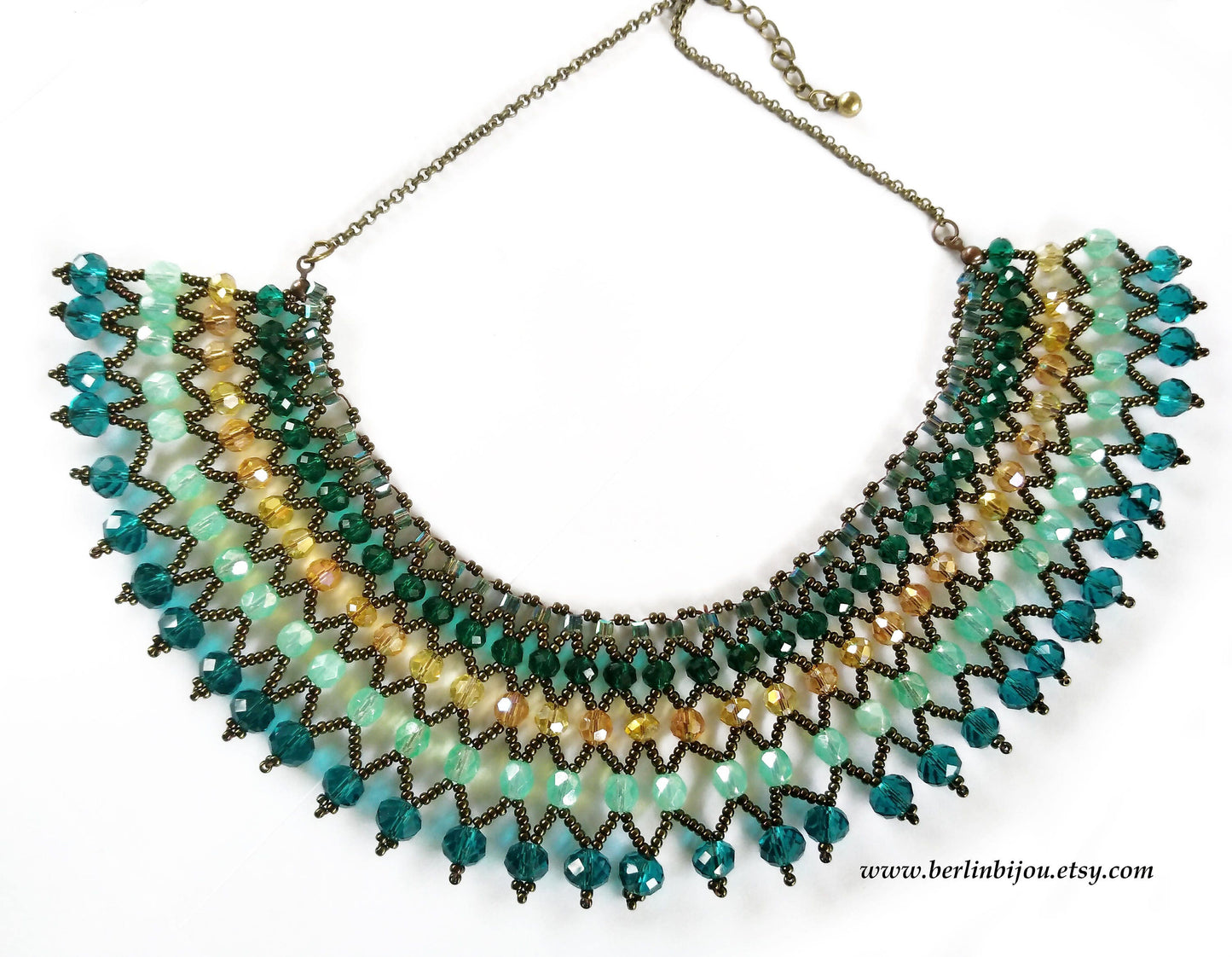 Böhmische Statement Collier Halskette aus tschechischen perlen smaragd-grün Bronze
