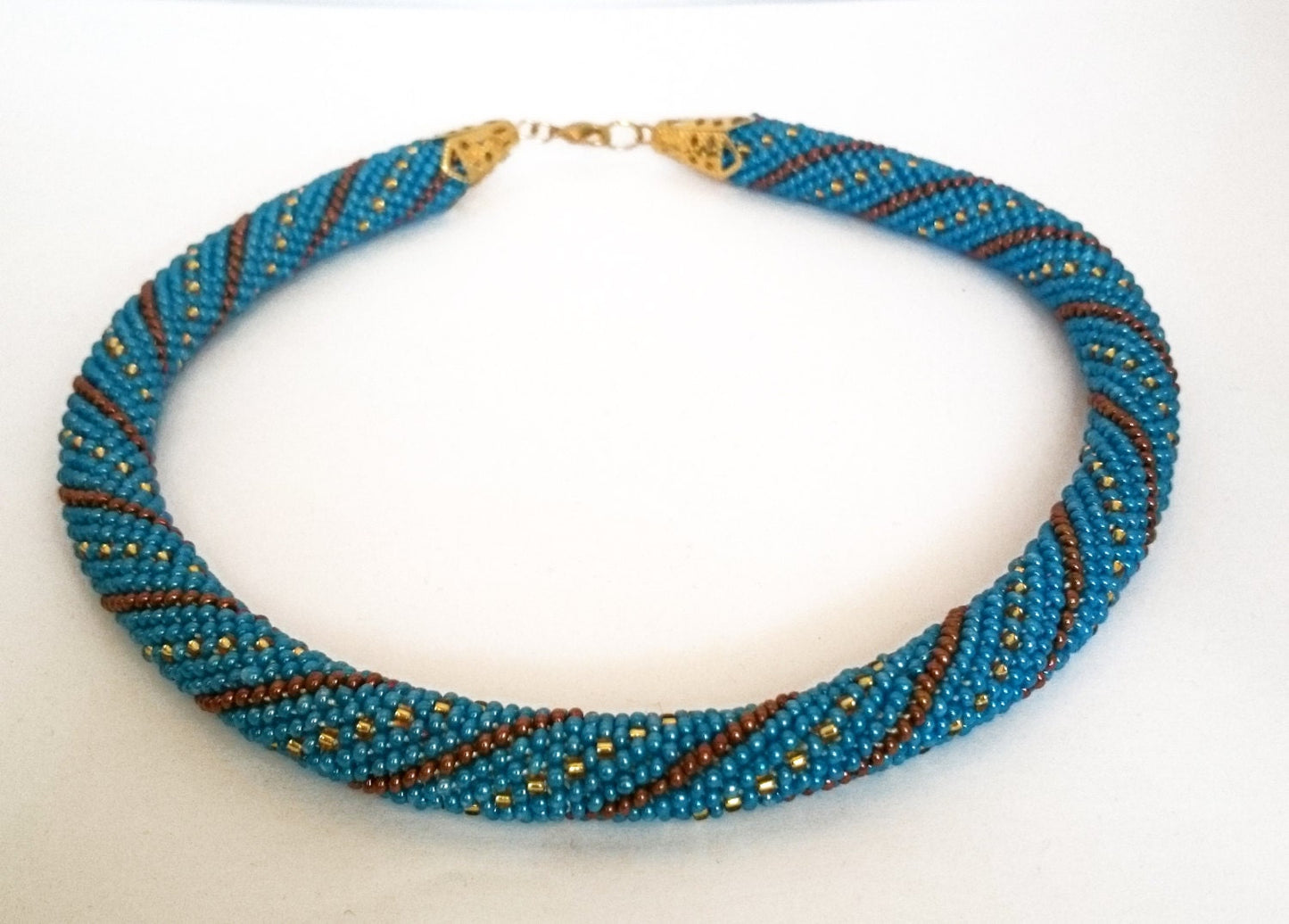 Gehäkelte Schlauchkette Perlenkette Perlenschmuck Blau-Gold