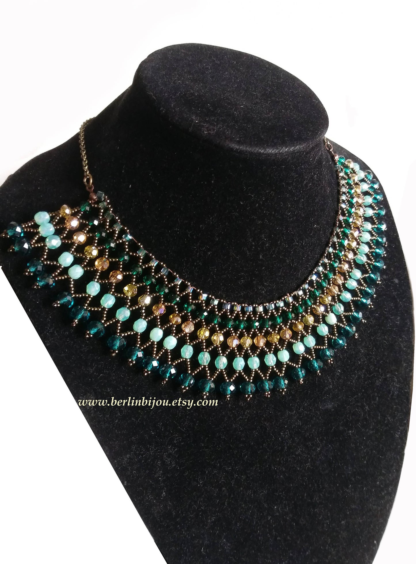 Böhmische Statement Collier Halskette aus tschechischen perlen smaragd-grün Bronze