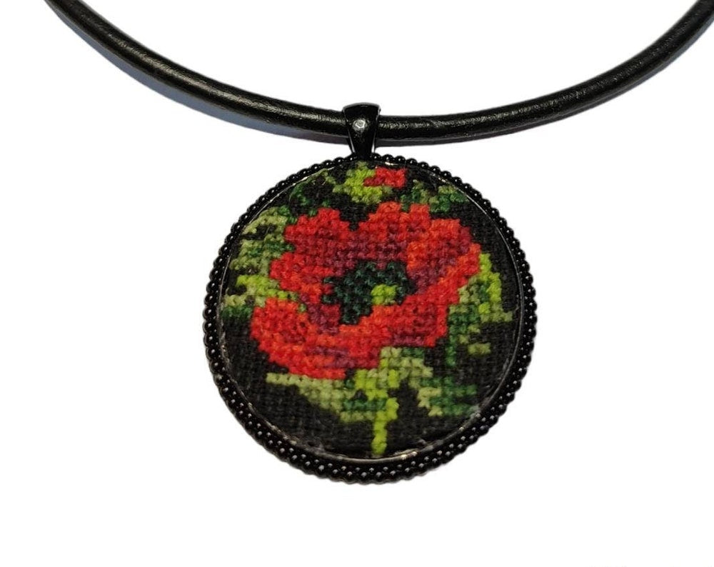Choker with embroidered pendant poppy flower