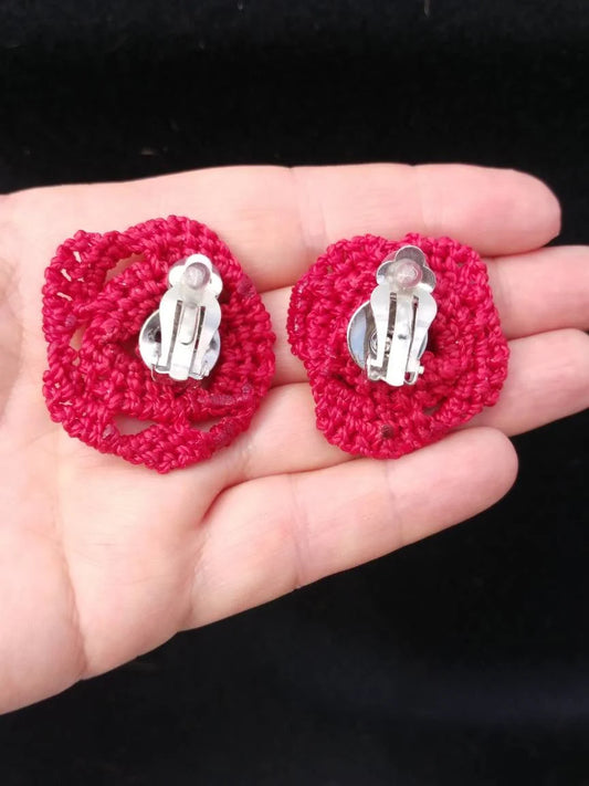 Earrings or clips red rose macrame flamenco