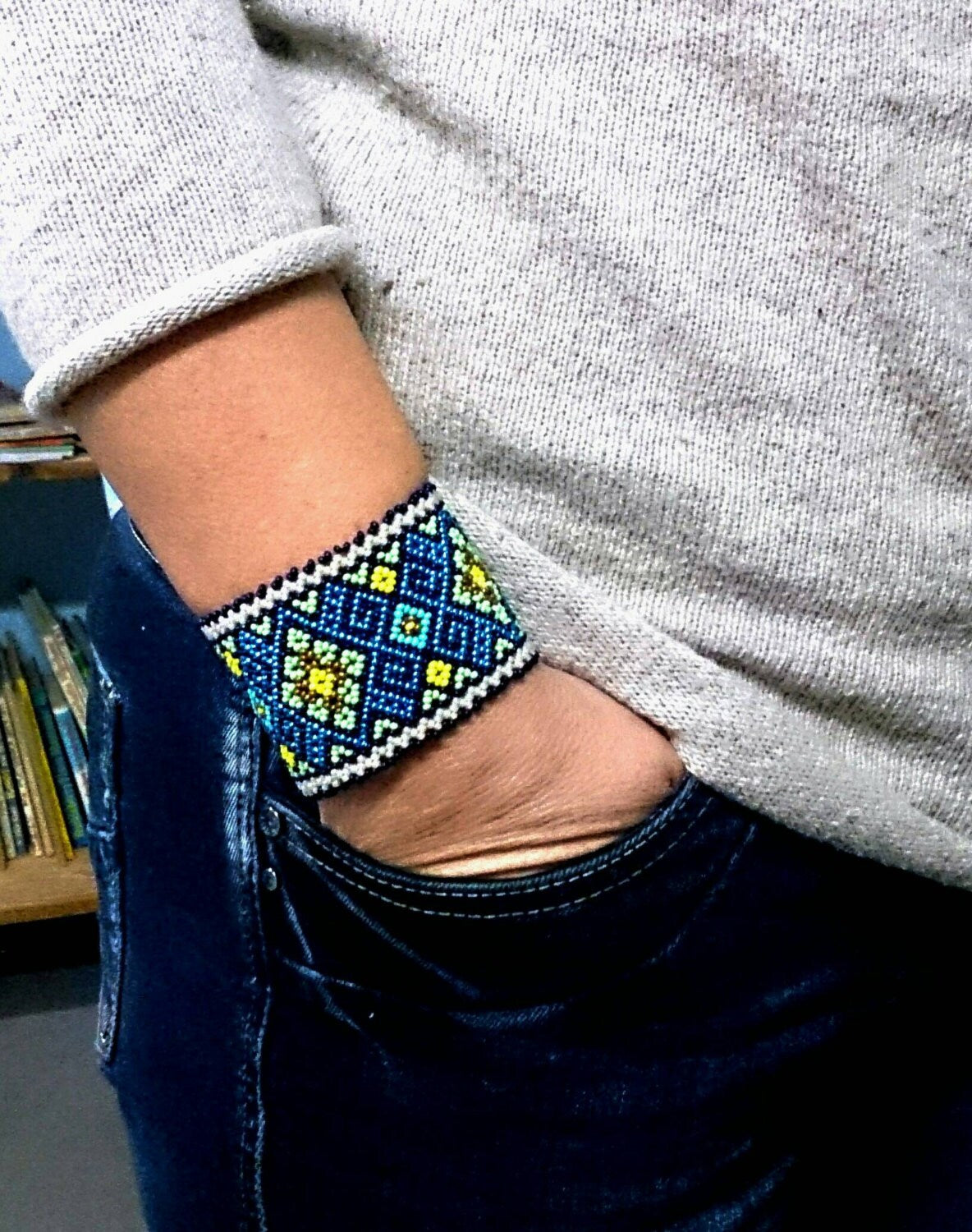 Mexikanisch Huichol Perlenarmband Ethno Native American  indianer style Heilige Geometrie