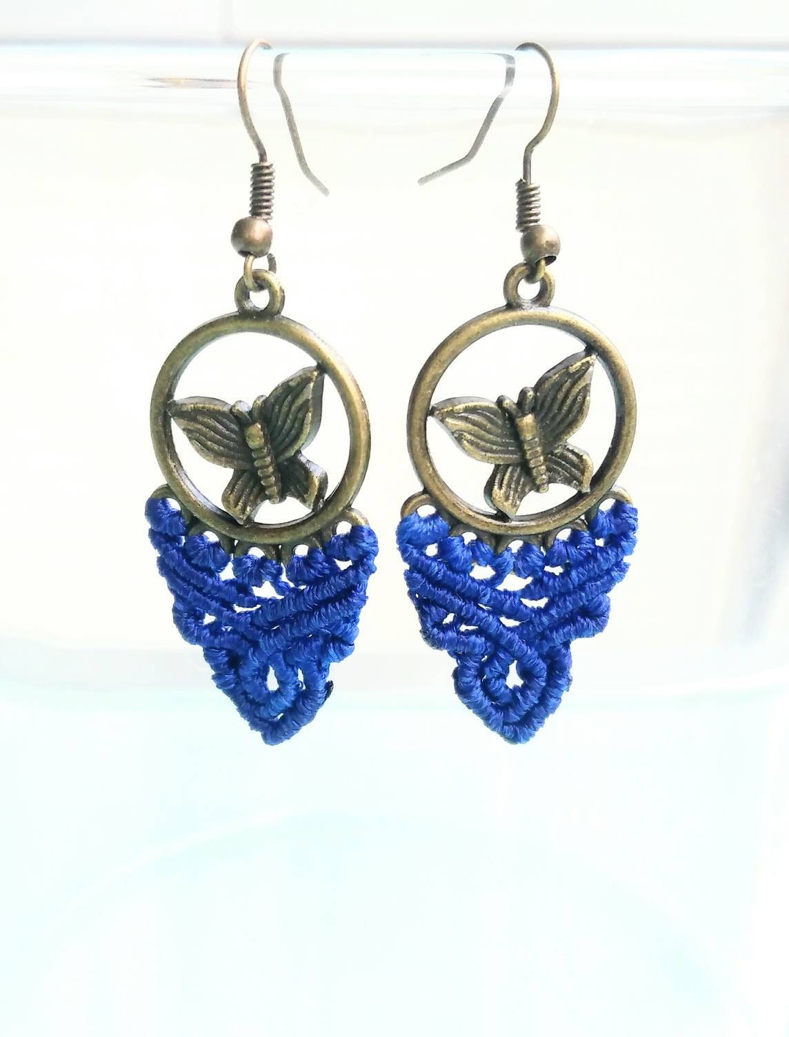 Makrame Hänge Ohrringe Sommer Schmetterlinge Blau Boho Schmuck