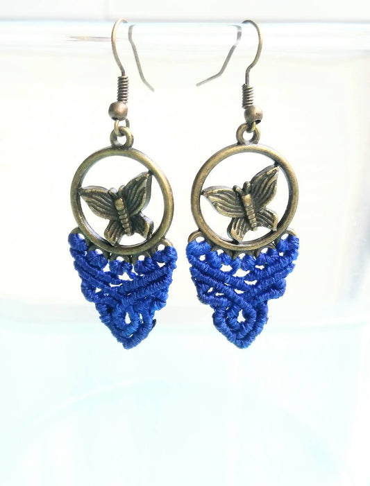 Makrame Hänge Ohrringe Sommer Schmetterlinge Blau Boho Schmuck