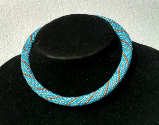 Gehäkelte Schlauchkette Perlenkette Perlenschmuck Blau-Gold