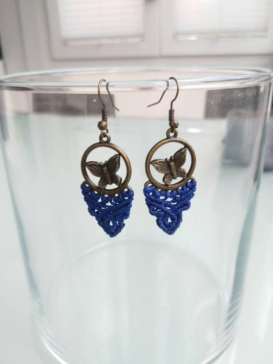 Makrame Hänge Ohrringe Sommer Schmetterlinge Blau Boho Schmuck