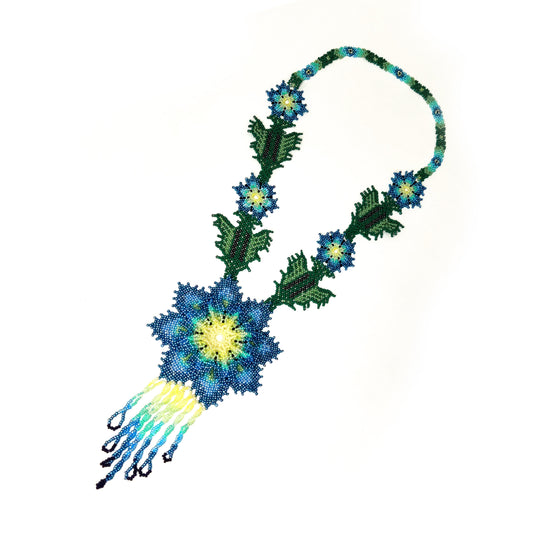 Halskette Perlenkette  mit blauen Blumen Huichol Ethno Mexikanisch Indianisch mit Fransen
