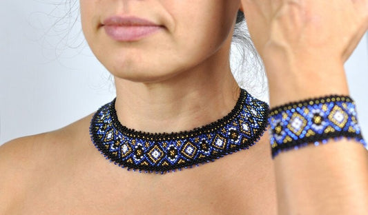 Ukrainian Necklace and Bracelett Slavic Ethnostyle "Sylanka". Elegant beaded collar necklace and cuff.
