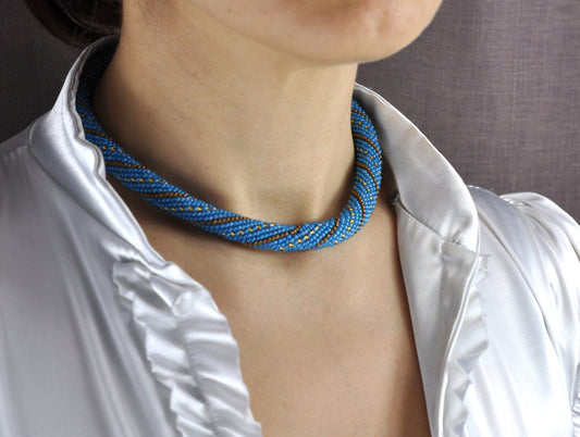 Gehäkelte Schlauchkette Perlenkette Perlenschmuck Blau-Gold