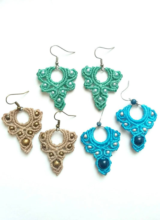 Ohrringe Makramee boho hippie türkis, blau, beige
