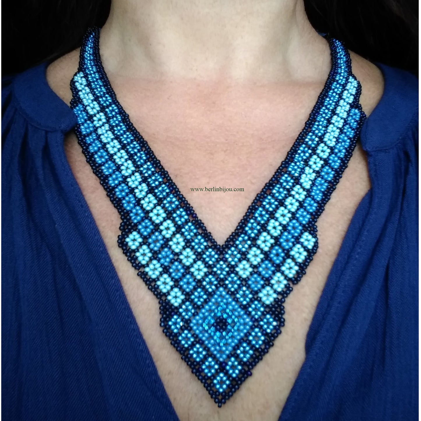 V-Halskette Huichol Halsschmuck Tribal Ethno Boho Perlenkette Blau